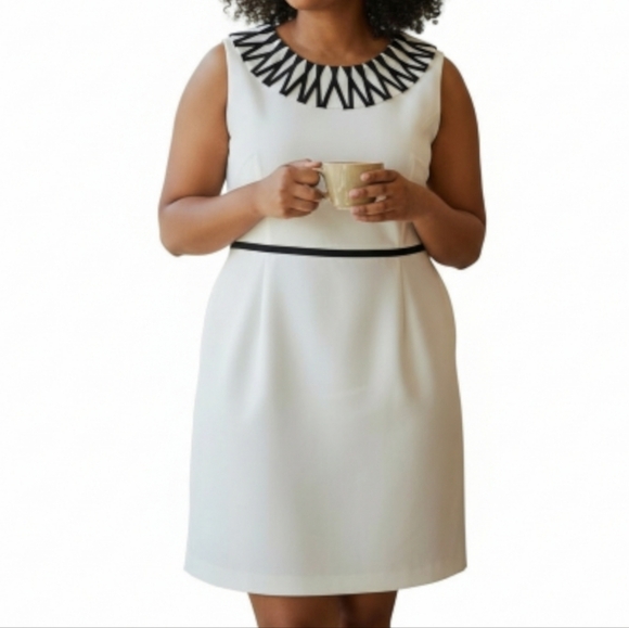 Tahari ASL Dress Size 16 Linen Blend Lattice Neckline Sleeveless Lined White - Picture 12 of 12